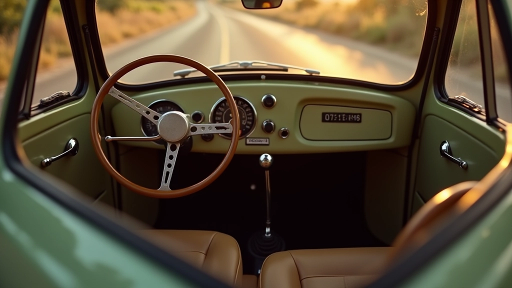 Išsamis BMW Isetta kokpito ir interjero vaizdas su instrumentų skydumi
