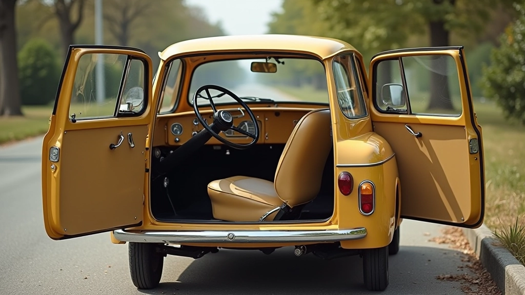 Heinkel Kabine durų mechanizmas, atidarytos keturios durys, šviesa atspindi metalinėje dalies, išsamūs technologinės detales
