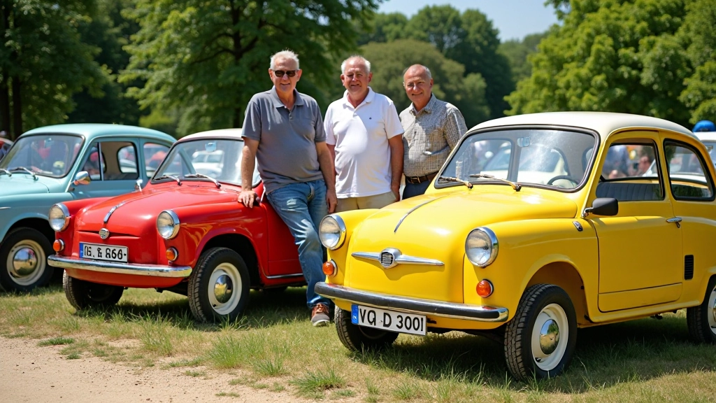 Heinkel Kabine kolekcininkų suvažiavimas, keletas modelių stovi šalia vienas kito, retų automobilių šventė