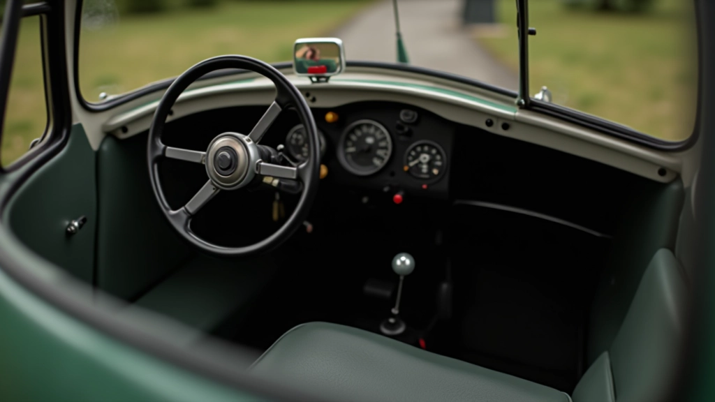 Peel P50 interjeras, stūmimo mechanizmai, minimalistas valdymo skydelis, originalūs sedynės