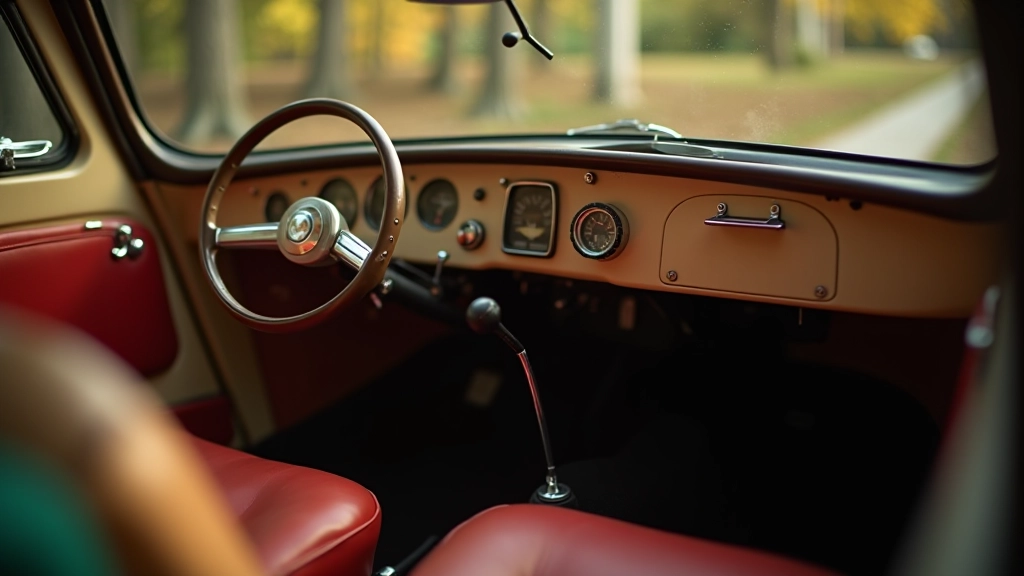 Heinkel Kabine interjeras, mažas bet ergonomiškai suprojektuotas salonas, originalus stiliaus detalės, vintažinis apšvietimas