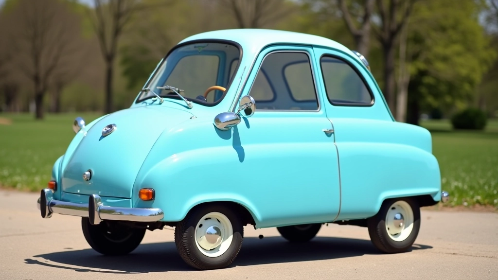 Heinkel Kabine mikroautomobilis, šviesios spalvos, iš šono, klasikinės formos