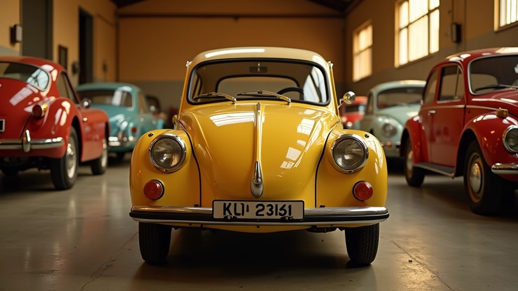 Messerschmitt KR200 nuotrauka retro garaže, šalia kitų klasikinių burbulinio kėbulo automobilių, nostalgija
