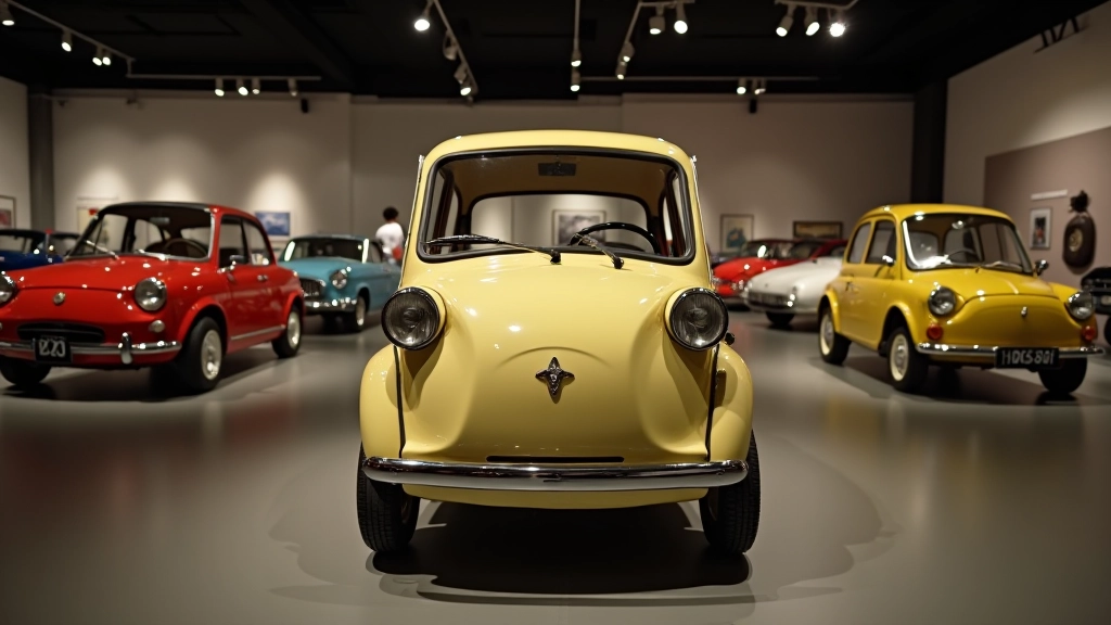 Peel P50 automobiliai muziejaus ekspozicijoje, keli modeliai rikiuoti, kolekcininkų pristatymas