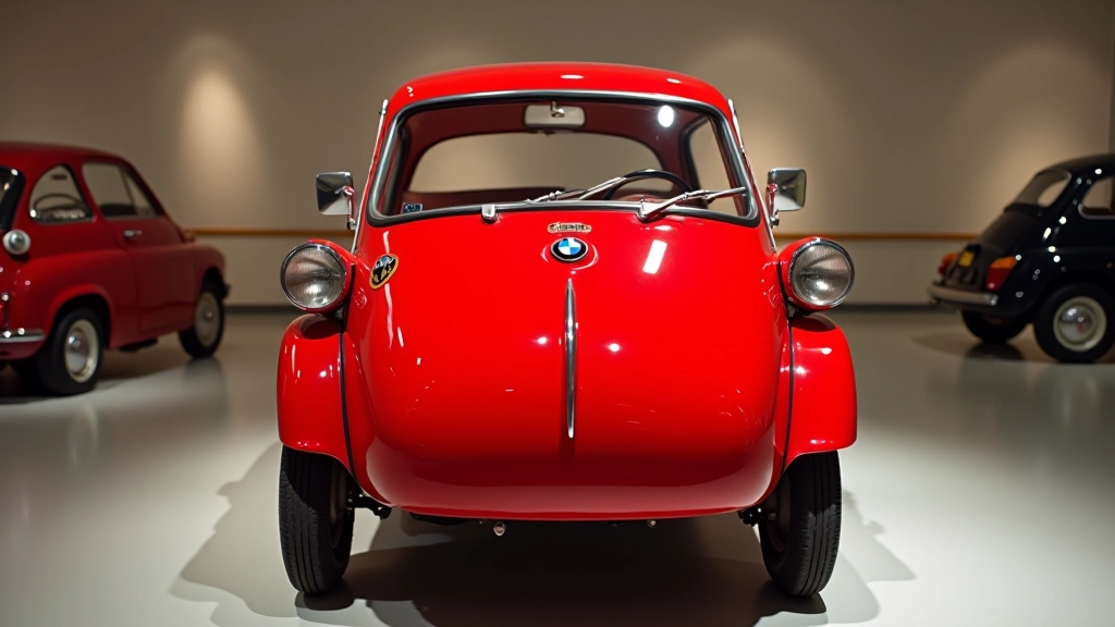 Klasikinis BMW Isetta mikroautomobilis su atidarytomis durimis, raudonas, iš priekio