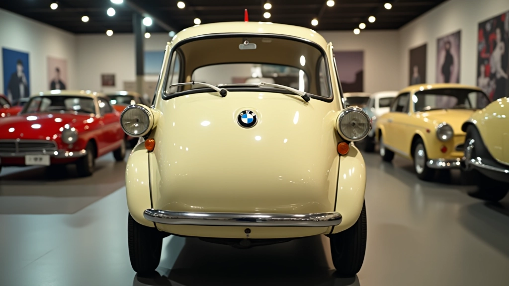 Vintage BMW Isetta gamybos nuotrauka iš 1950-ųjų iš gamyklos šoninės