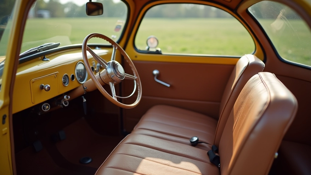Klasikinio burbulinio kėbulo automobiio vidaus interjeras su originaliais valdymo elementais ir sėdynėmis