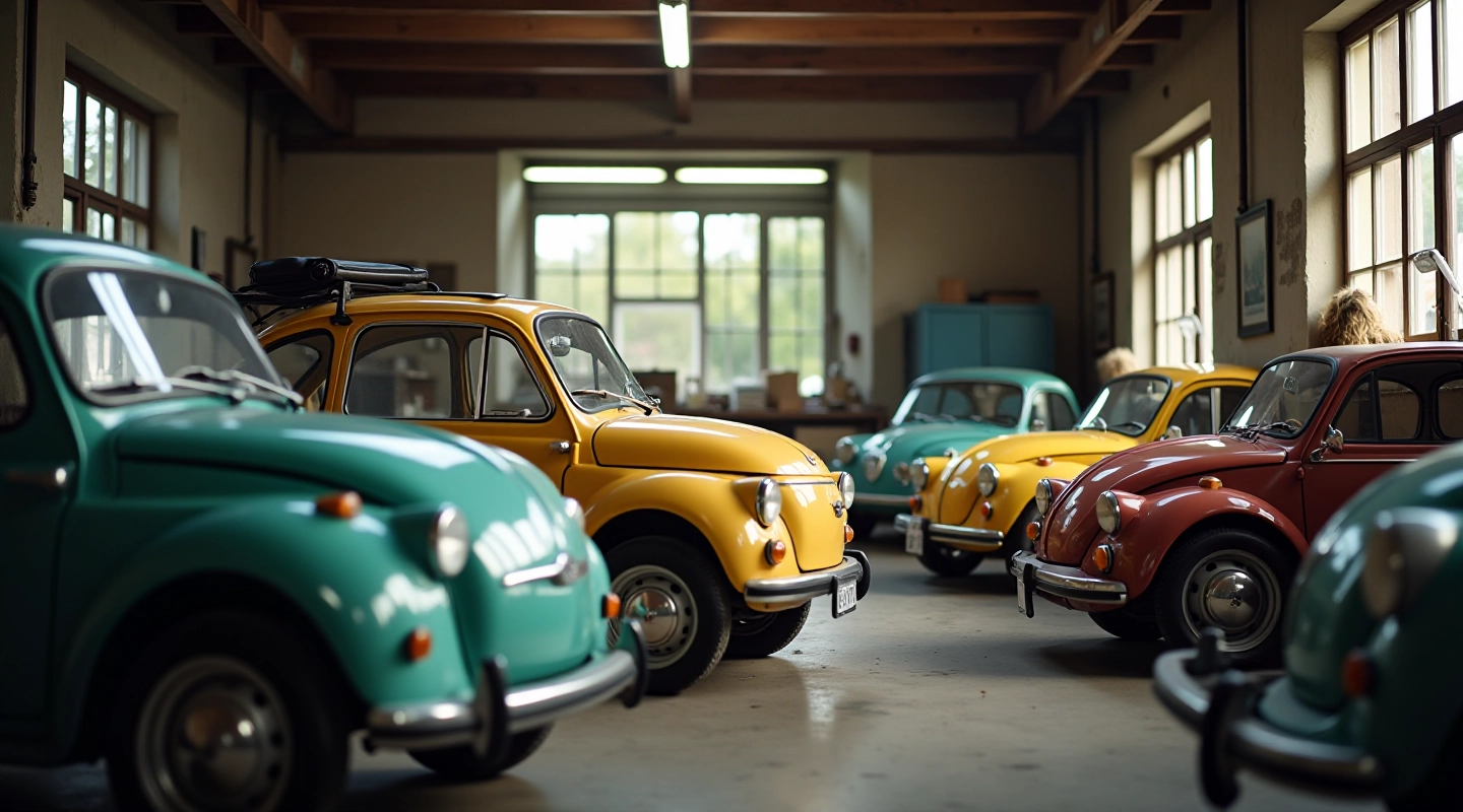 Retros mikroautomobilių kolekcionieriaus studija su klasikiniais modeliais, natūralus šviesos srauto efektas