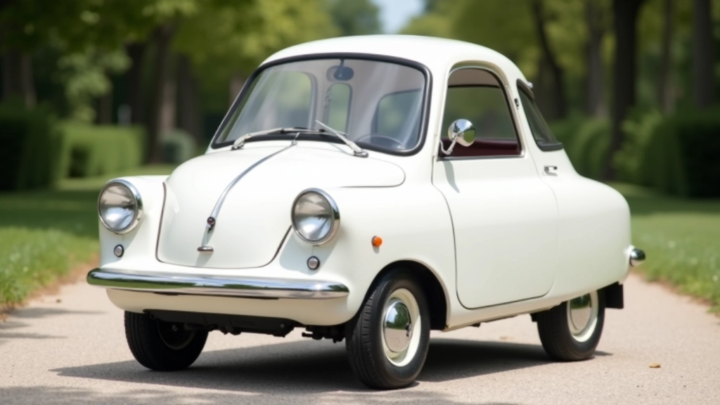 Peel P50 mažiausias pasaulio automobilis, balta spalva, iš šono, minimalinės formos