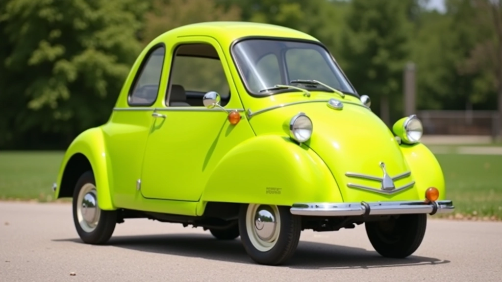 Messerschmitt KR200 mikroautomobilis, geltonai žalias, šoninis vaizdas, saugo gidas